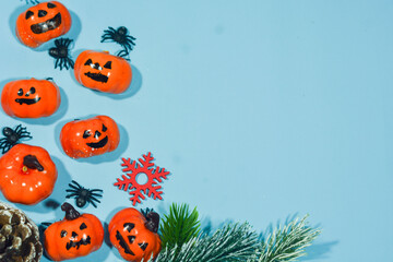 Elegant Christmas background with blue and gold decorations, including baubles, stars, and wrapped gifts. Perfect for festive holiday themes, greeting cards, and seasonal promotions