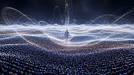 A lone figure walks across a vast expanse of shimmering, undulating particles, creating a surreal landscape