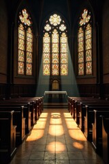 Fototapeta premium Sacred Sanctuary Light Sunlight streaming through intricate stained glass windows in a grand church interior, casting colorful beams onto an empty wooden altar and rows of pews. No people or human