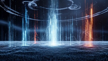 Digital abstract composition showing light beams descending to a textured surface, futuristic design