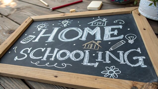 Chalkboard displaying home schooling with doodles and school supplies nearby