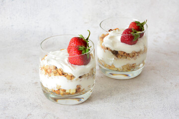 Strawberry dessert with oats and Yogurt in Glasses cut out