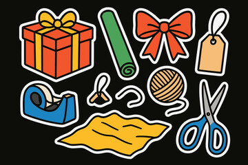 Colorful gift wrapping supplies and tools concept of set of vector stickers  