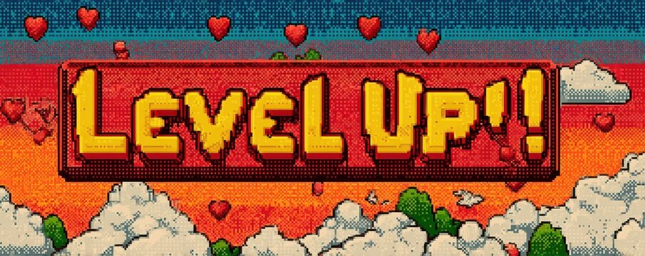 Pixel art text displaying 'Level Up' with vibrant hearts and clouds