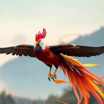 A striking red, black, and white bird with a dramatic crest is shown mid-flight, featuring long, flowing orange and yellow tail streamers. The bird is captured against a light blue sky and a backgroun