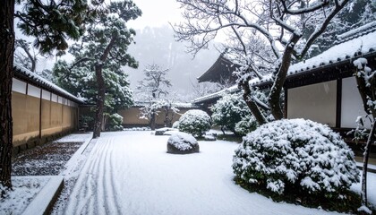 Obraz premium Serene Winter Garden: A picturesque scene unfolds in a Japanese garden blanketed in fresh snow, its traditional architecture and tranquil landscape creating a sense of peace and stillness.