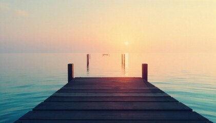 Serene Harbor Dawn A still, calm ocean at sunrise, with weathered wooden dock pilings stretching into the water. Gentle mist rises from the surface, obscuring the horizon. Soft, ethereal light bathes