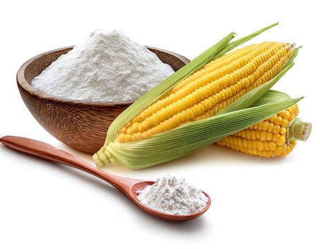 Isolated on a white background, corn starch in a wooden bowl and spoon with fresh sweet corn