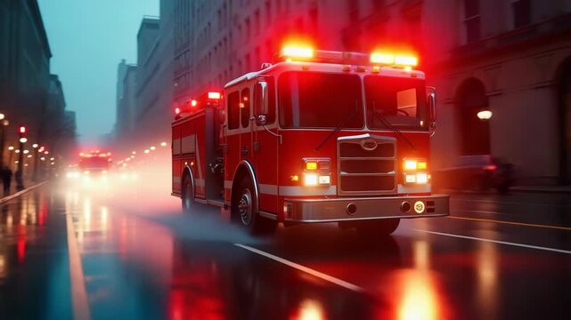 Fire trucks rushing on wet city street, red emergency vehicles with flashing lights speeding through urban area in rainy night