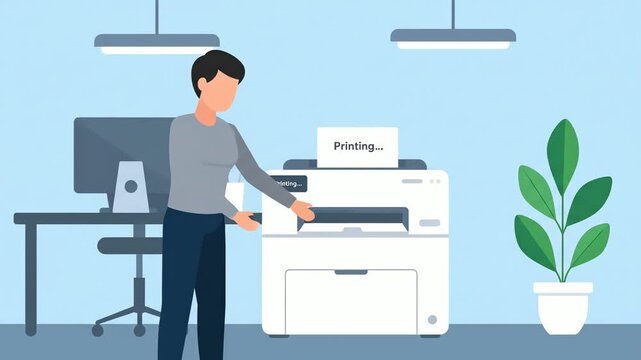 Man using a printer in a modern office setting.