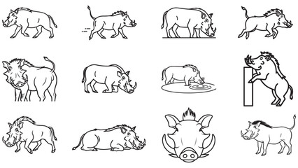 A collection of twelve black line art illustrations of Warthogs in various poses and actions.