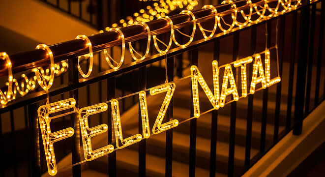 Glowing festive Christmas lights spelling out feliz natal on a stair railing in warm golden hues - Powered by Adobe