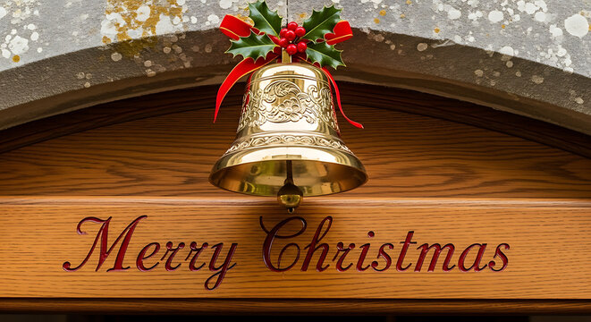 Golden Christmas bell with holly and red ribbon above 'Merry Christmas' wooden sign in focus