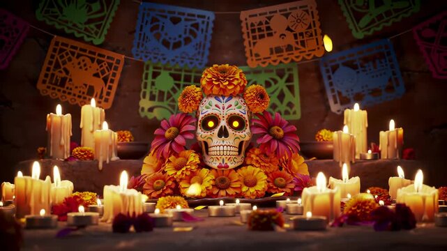 D?a de Los Muertos holiday: A traditional Ofrenda adorned with a luminous sugar skull, vibrant marigold flowers, flickering candles, and colorful papel picado.