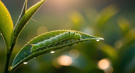 A green caterpillar rests on a fresh tea leaf covered in morning dew, basking in the warm, golden glow of the rising sun