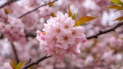 Obraz premium Cherry tree adorned with blooming Sakura flowers, representing seasonal change