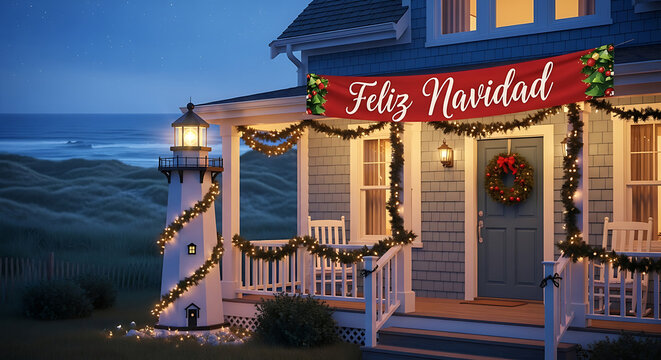 Festive coastal house with lighthouse and Feliz Navidad banner under starry evening sky scenery