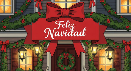 Festive holiday entrance with garland and a large red bow displaying feliz navidad message