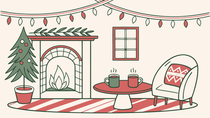 Naklejka premium Cozy christmas interior with fireplace, decorated tree, armchair and mugs on table in warm festive atmosphere