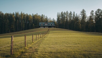Fototapeta premium A peaceful rural landscape features a modest wooden barrier guiding the way to a house perched atop a gentle slope, surrounded by tall pines and a vast, serene sky.