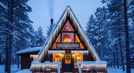 A frame cabin with icicles in snowy forest displaying merry christmas sign and festive lights glow