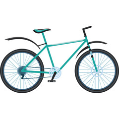Teal Mountain Bicycle with Black Fenders and Blue Spokes on a Transparent Background