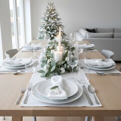 Minimal Scandinavian Christmas Dinner Table Setting in White and Silver Theme