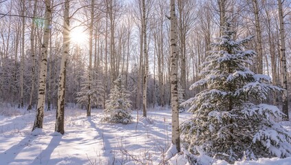 Fototapeta premium Winter Wonderland, enchanting snowy forest scene with birch trees and pines, seasonal change