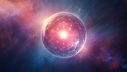 Naklejka premium Energy-filled mystical orb, clairvoyant symbol, mental strength theme, abstract backdrop, illuminated design, cosmic space, futuristic concept, transparent glass