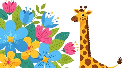 Colorful illustration of a giraffe beside vibrant flowers, showcasing a playful and cheerful scene