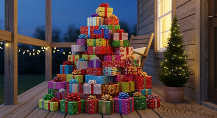 Colorful stacked gift boxes on wooden porch during twilight with string lights and small tree