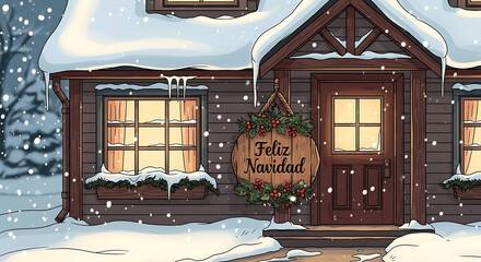 Traditional wooden cabin with snowy decoration and festive wreath during winter holiday season