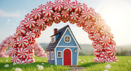 Colorful candy arch frames a small blue house in a whimsical sunny landscape with daisies