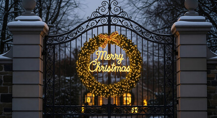 Festive Christmas wreath with glowing lights on wrought iron gate during winter evening celebration