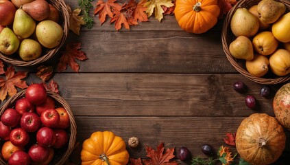 Autumn scene featuring apples, pears, pumpkins, melons, and plums in baskets on a wooden table, reflects healthy natural food choices, Thanksgiving