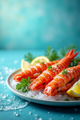 Fresh seafood dinner with gourmet shrimp, lemon, and green salad on a white plate