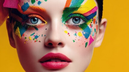 Fototapeta premium Bright colors adorn the models face showcasing artistic makeup against a cheerful yellow backdrop.