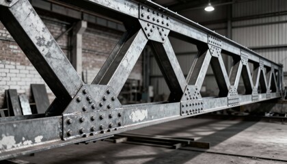 Medium shot of a pitched steel truss showcasing intricate triangular patterns and joint connections for robust roof support in industrial construction settings.
