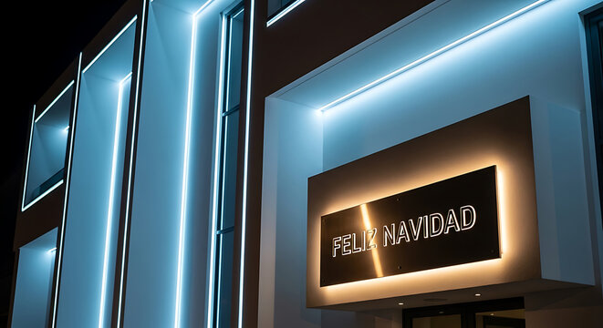 Modern building facade illuminated with neon lights displaying a feliz navidad holiday greeting sign