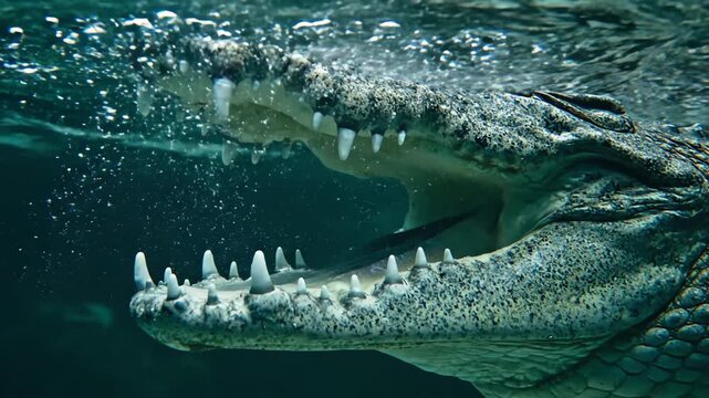 Underwater Alligator Displays Teeth in a Close Up View of Its Mouth.