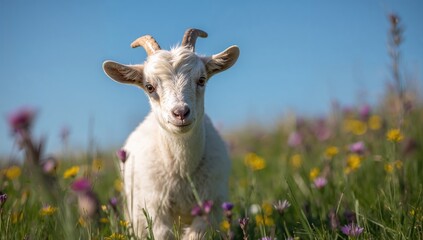 Obraz premium Adorable goat in lush pasture, emphasizing peaceful grazing