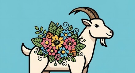A whimsical illustration of a goat adorned with colorful flowers against a bright blue background