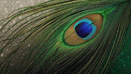 Intricate close-up view of a peacock's feather.