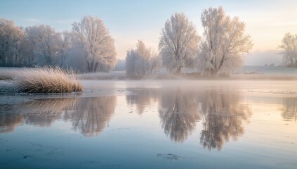 Blurred winter scenery featuring snowy trees mirrored in tranquil pond water at dawn, suitable for editorial backdrop