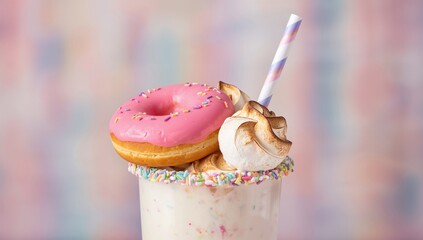 Freak shake topped with a donut, marshmallow, and meringue, high sugar content risk