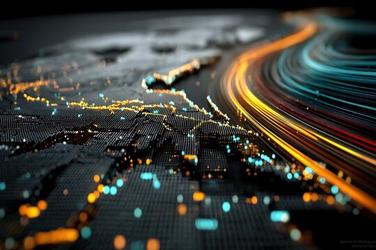 Glowing digital landscape with data streams of orange and teal on a grid - Powered by Adobe