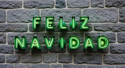 Green neon feliz navidad sign on grey brick wall with festive holiday message in bold bright letters