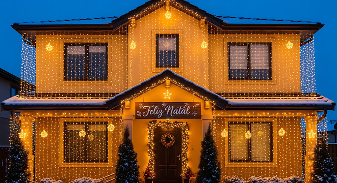 Festive house adorned with glowing Christmas lights and snowy roof at night during holiday season
