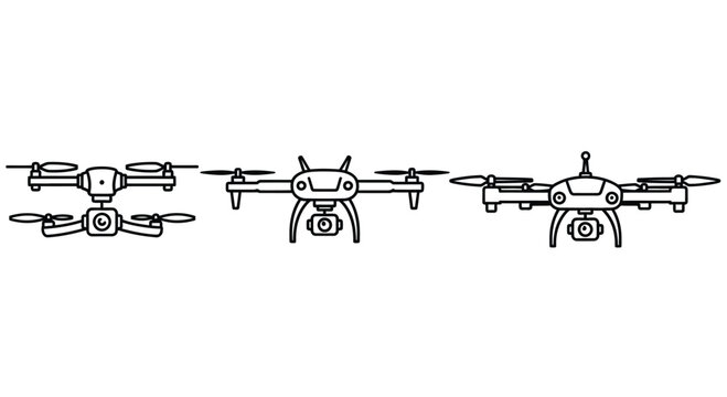 Three distinct drones illustrated with simple line art for technology and aviation concepts vector