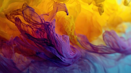 colorful paint waves in water, abstract misty shapes, gradient from warm yellows and oranges to cool blues and purples, fluid swirling motion